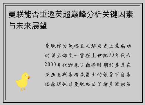 曼联能否重返英超巅峰分析关键因素与未来展望